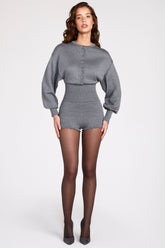 Fine-Knit Long-Sleeve Romper in Grey