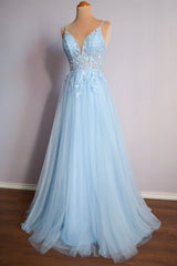 Straps Blue Lace Appliques A-line Long Formal Dress