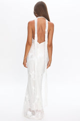 Cipriana Backless Halter Maxi Dress Embellished Floral White