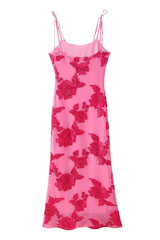 Straps Hot Pink Floral Fitted Long Dress