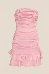 Pink Strapless Ruched Frill Satin Mini Dress