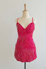 Spaghetti Straps Beaded Red Mini Dress