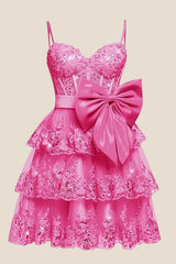 Straps Navy Appliques Tiered Short Dress with Bow