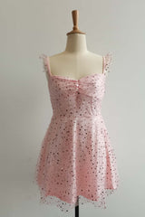Pink Ruffle Straps Sequin Short Dress