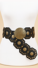 Antique Luxe Gold Disc Faux Leather Boho Western Waist Belt - Black