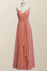 Straps Coral Chiffon A-line Ruffle Long Bridesmaid Dress