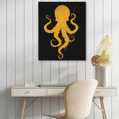Gold Octopus Dance - Minimalist Wall Art in Black Frame