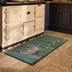 Pheasant Green 2 Washable Runner with a animal-inspired design, styled in a kitchen.