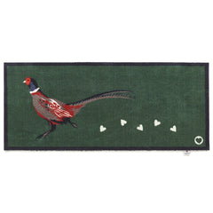 Pheasant Green 2 Washable Runner in green- a 100% recycled cotton runner featuring a pheasant facing left with a trail of white hearts.