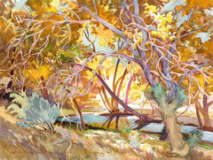 Pools Hidden Under Fall Trees, watercolor painting by Glen Knowles (American art). Original painting and fine art giclée reproduction by California Watercolor for wall decor.