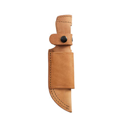 Tan leather belt sheath with black snap closures and reinforced stitching, designed to securely hold a fixed-blade knife.