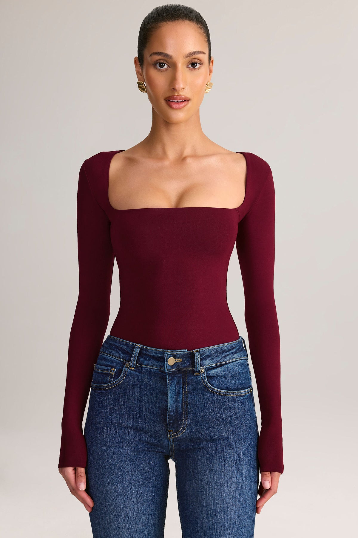 Modal Square-Neck Long-Sleeve Top in Wine