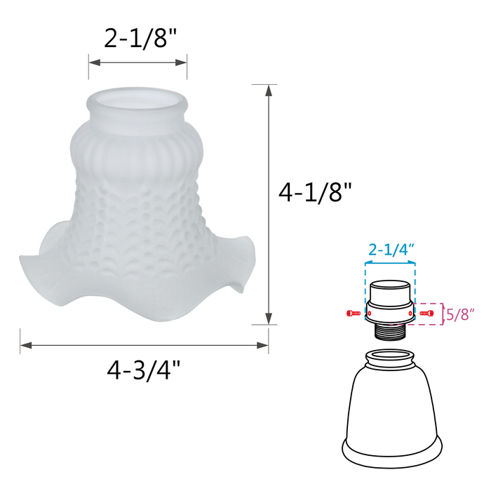 # 23097-4 Transitional Style Replacement Floral Shaped Frosted Glass Shade, 2-1/8" Fitter Size, 4 1/8" high x 4 3/4" diameter, 4 Pack