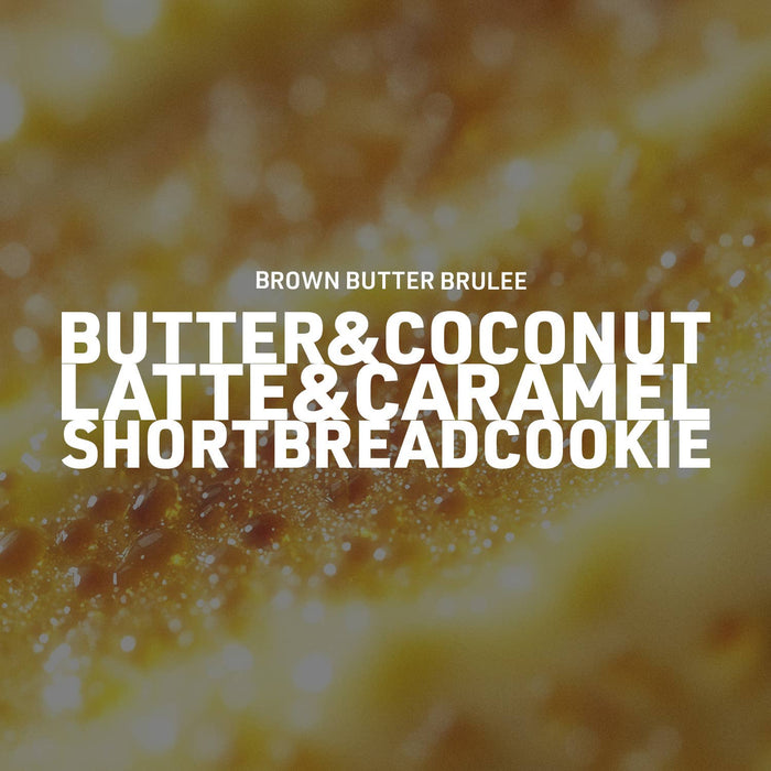 Text overlay on a blurred background with 'Brown Butter Brulee' and dessert names.
