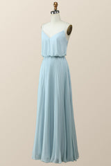 Straps Blue Pleated Full Length Dress