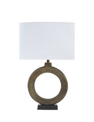 # 40214-11, 25" High Transitional Metal Table Lamp, Antique Brass Finish and Oval Shaped Lamp Shade in White, 16" Wide