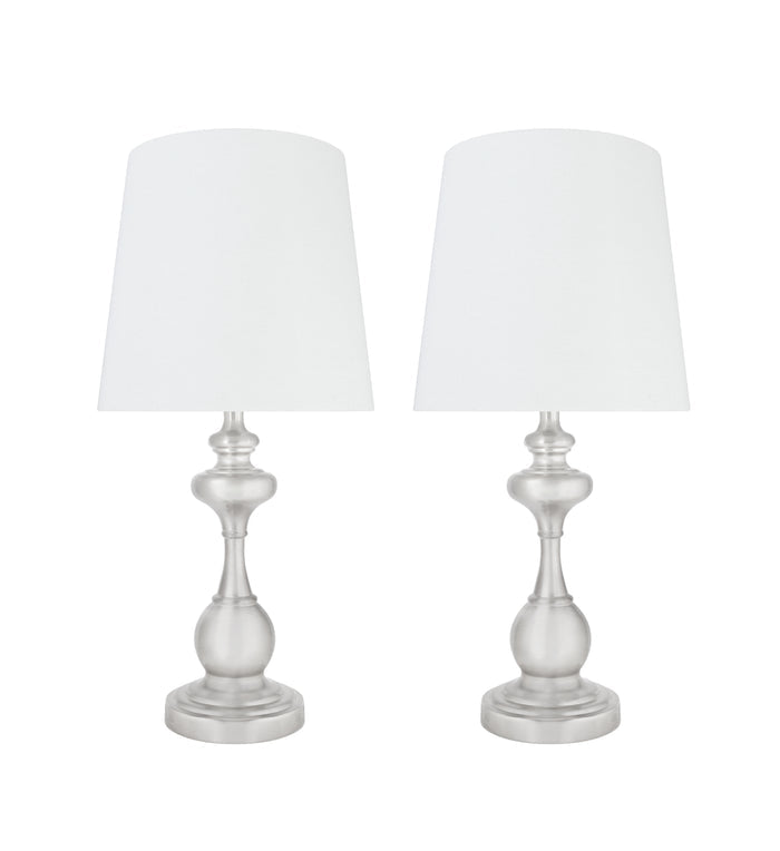 # 40227-12, Two Pack - 18 3/4" High Transitional Metal Table Lamp, Satin Nickel Finish and Empire Shaped Lamp Shade in Off White, 9" Wide