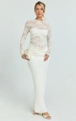 Crisanta Maxi Dress - Long Sleeve Contrast Lace Bodycon Dress in Ivory