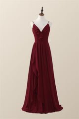 Wine Red Straps Ruffle A-line Long Bridesmaid Dress
