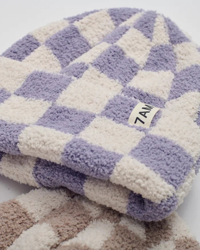 7am Enfant Fuzzy Checkered Ribbed Beanie in Ecru/Taro