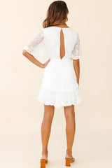 Leona Half Sleeve Frill Trim Dress Leaf Embroidered White