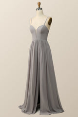 Straps Grey Chiffon A-line Long Bridesmaid Dress