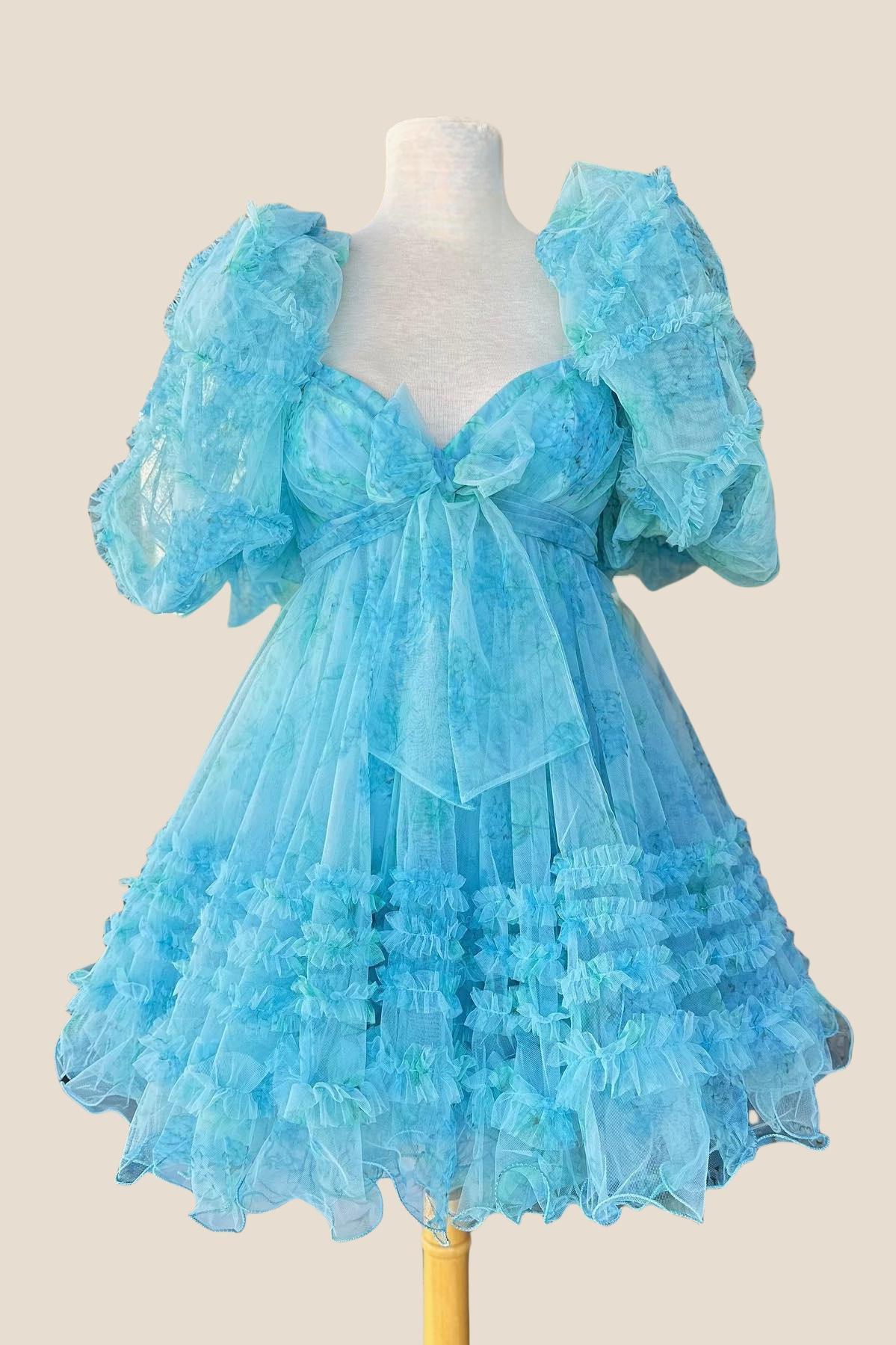 Short Puff Sleeves Blue Floral Babydoll Dress