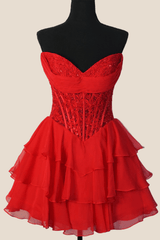 Sweetheart Red Appliques Short Ruffle Dress