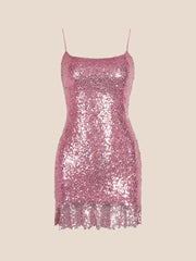 Pink Sequin Ruffle Hem Short Dress
