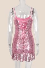 Pink Sequin Ruffle Hem Short Dress