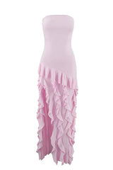 Pink Strapless Ruffle Slit Long Dress
