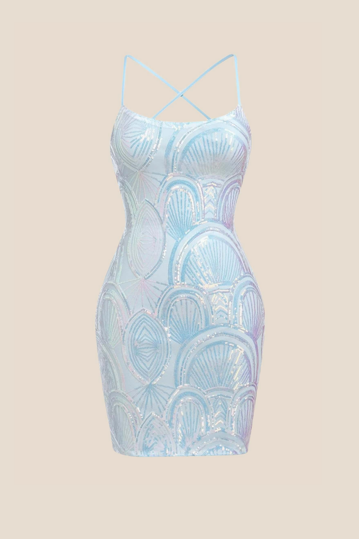 Square Neck Light Blue Short Dress with Sequin