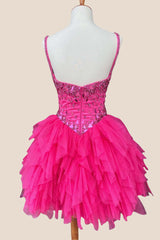 Straps Hot Pink Mirror Glass Ruffled Short Dress