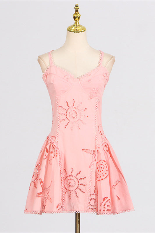 V-neck Pink Hollow A-line Short Dress