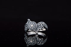 vkngjewelry Ring Handcrafted Ring With Helm Of Awe Symbol And Wolf Ornament Sterling Silver Viking Jewelry