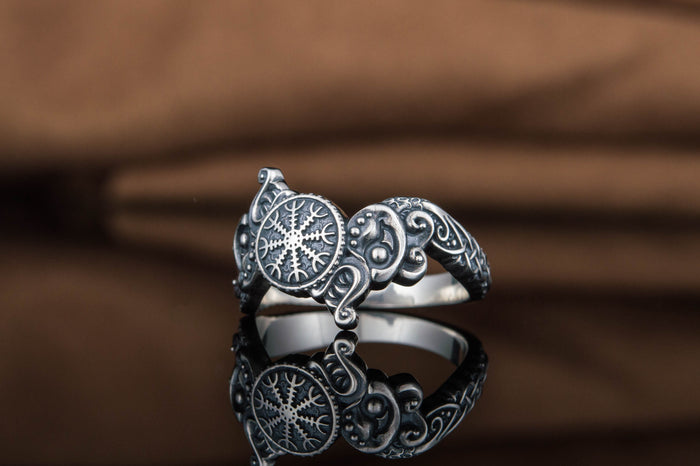 vkngjewelry Ring Handcrafted Ring With Helm Of Awe Symbol And Wolf Ornament Sterling Silver Viking Jewelry