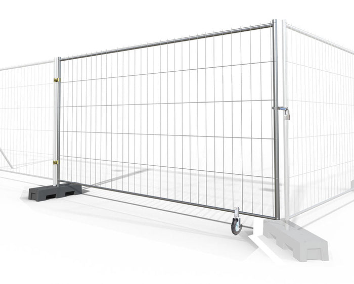 6x10 temporary fence gate kit featuring galvanized steel construction, a lockable latch, caster wheel for mobility, and durable base supports—ideal for construction sites, events, and crowd control.