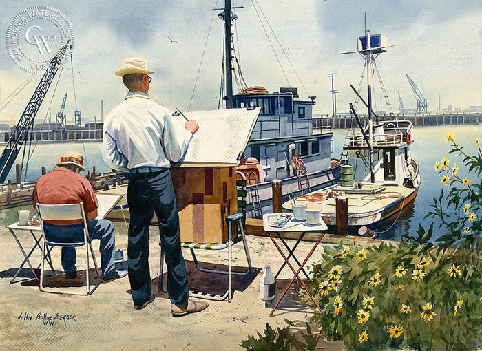 Artists at Work, watercolor painting by John Bohnenberger (American art). Original painting and fine art giclée reproduction by California Watercolor for wall decor.