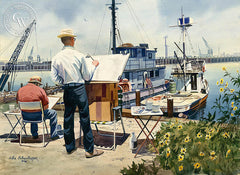 Artists at Work, watercolor painting by John Bohnenberger (American art). Original painting and fine art giclée reproduction by California Watercolor for wall decor.