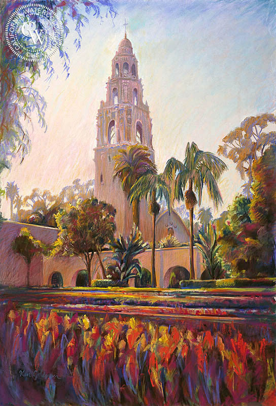 Balboa Tower, watercolor painting by Ken Goldman (American art). Fine art giclée print reproduction by California Watercolor for wall decor.