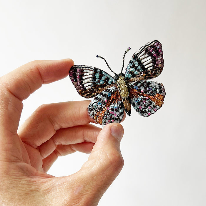 Beaded Multi-Color Speckled Butterfly Embroidered Pin by Trovelore