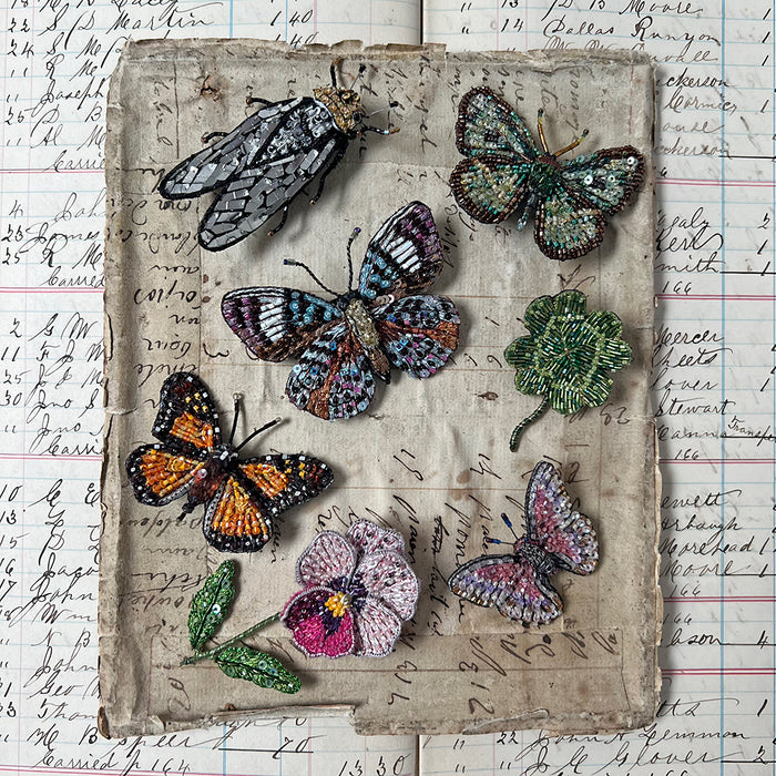 Beaded Multi-Color Speckled Butterfly Embroidered Pin by Trovelore
