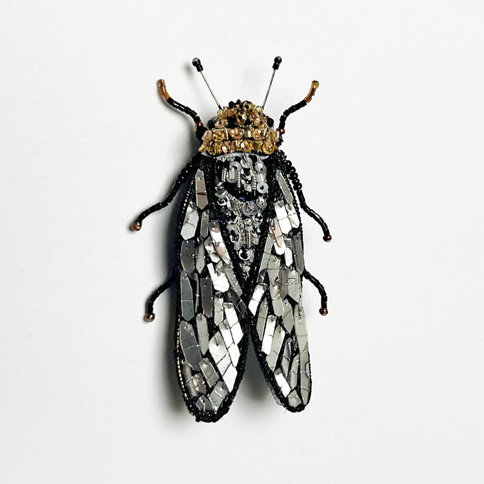 Beaded Silver & Black Cicada Embroidered Pin by Trovelore