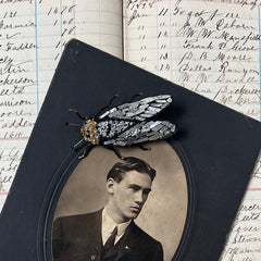 Beaded Silver & Black Cicada Embroidered Pin by Trovelore