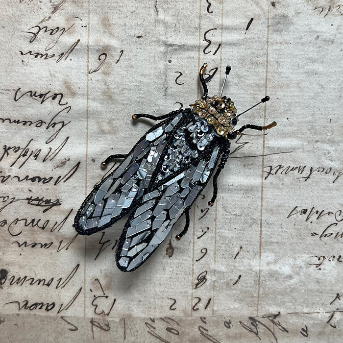 Beaded Silver & Black Cicada Embroidered Pin by Trovelore