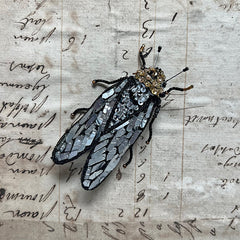 Beaded Silver & Black Cicada Embroidered Pin by Trovelore