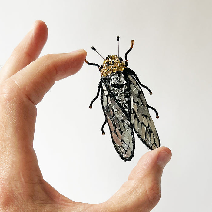 Beaded Silver & Black Cicada Embroidered Pin by Trovelore