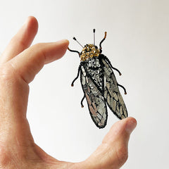 Beaded Silver & Black Cicada Embroidered Pin by Trovelore