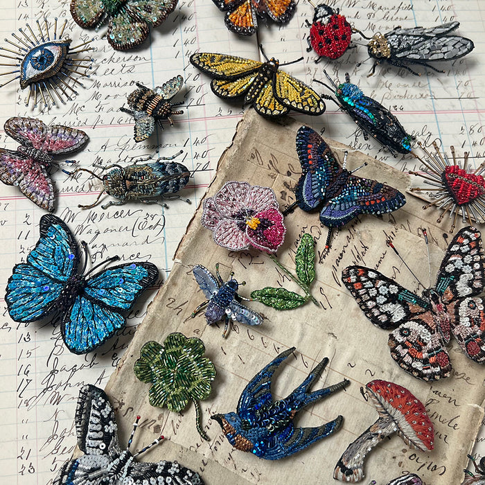 Beaded Silver & Black Cicada Embroidered Pin by Trovelore