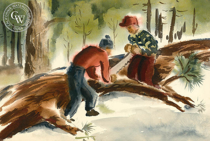 Big Bear Log Cutters, 1948, watercolor painting by Duval Eliot (American art). Original painting and fine art giclée reproduction by California Watercolor for wall decor.
